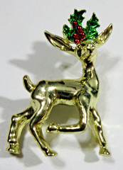 VTG GERRY’S CHRISTMAS reindeer deer holly leaf enamel brooch green red gold tone