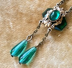 Vintage Necklace Delicate Art Nouveau Brass Pendant Antique Green Czech Glass