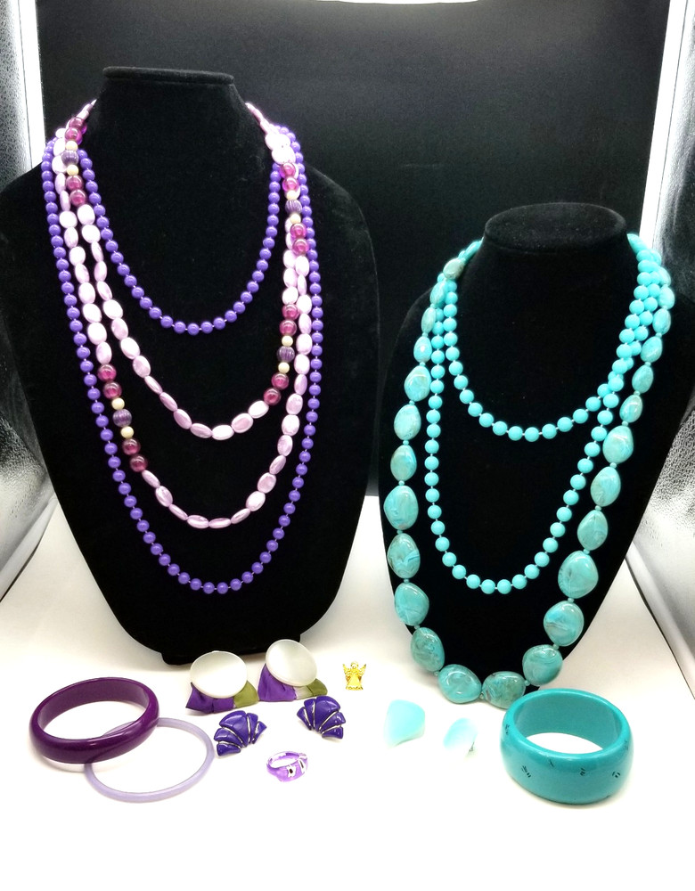 Vintage Retro Plastic Jewelry Lot, In Turquoise and Purple Lucite, 1960s-1980s