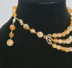 Vintage 3 Strand Necklace Amber, Gold, Pink 1940s-1950’s Glass Aurora Borealis