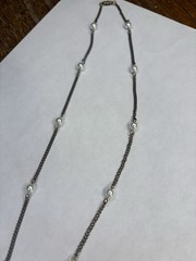 Vintage Station Chain Necklace, Gold Tone And Faux Pearl, Approximately 22”