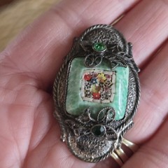 Antique Silver Tone Millefiori Micromosaic Brooch Pin Green Rhinestones Art Deco