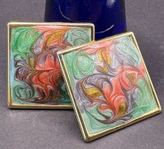Vtg 1980s Earrings 1) Round Purple/Green/Fushia Swirl 2) Square Pastels Swirl
