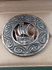 Antique 800 Silver Scottish Cloak Pin w. Viking Ship Theme: 1.5″ dia. & 15 grams