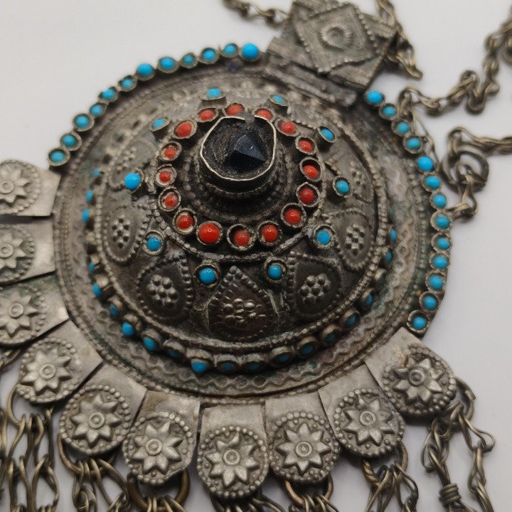 Vintage Tribal Boho Statement Necklace with Beads and Charms