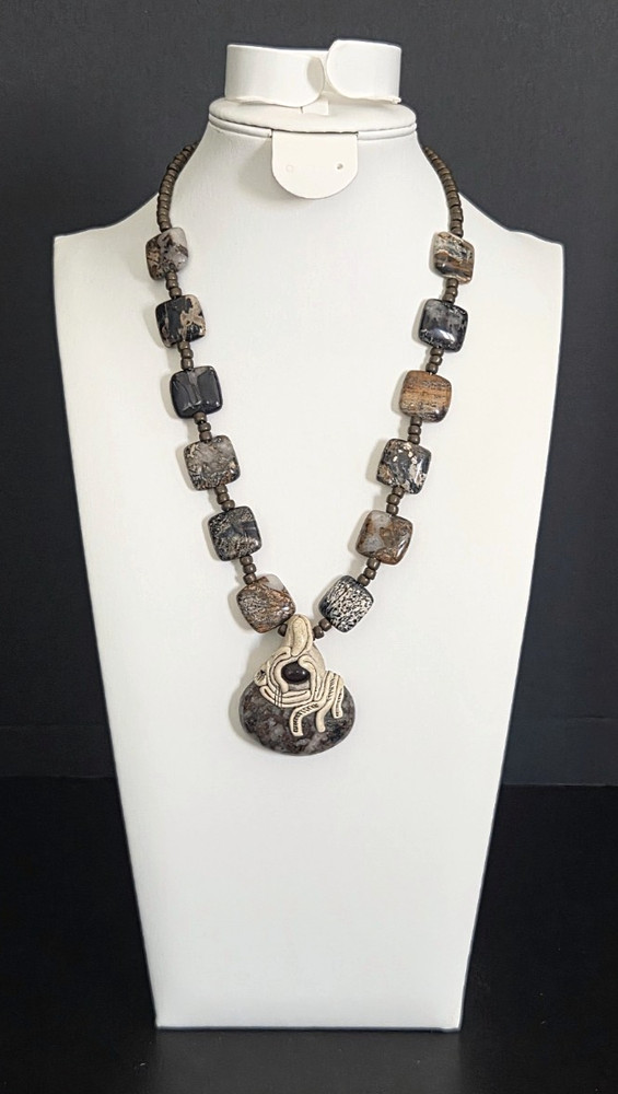 Vintage Tribal Gemstone And Polymer Clay Pendant Necklace Toggle Clasp 18″