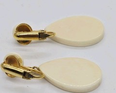 Moose Faux Scrimshaw Earrings Cream Drop Dangle Clip on Gold Tone 1.5 in