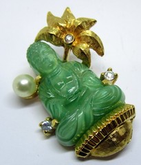 Vintage Buddha Faux Jade Glass and Rhinestone Pin