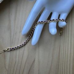 VTG Tennis Style Bracelet 7.25 Fold-Over Clasp Purple Crystals Yellow Gold Plate