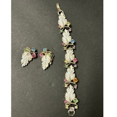 Vintage Lucite Leaf Bracelet and Earrings Jewelry Set Multicolor Rhinestones