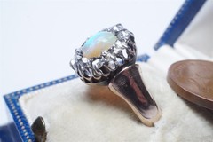 PRETTY ANTIQUE 15K GOLD OPAL & DIAMOND CLUSTER RING c1900