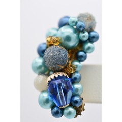Japan Vintage Beaded Clip On Earrings Blue Crystal Cluster Chunky Signed BinU