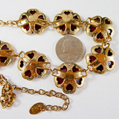 ETC! Red Enamel Flower Necklace Floral Links Crystal Center Gold Tone Fashion
