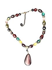 Vtg Oversized Chunky Beaded Teardrop Pendant Collar Necklace Purple Summer