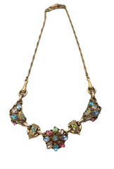 Vintage Barclay Signed Rhinestone Floral Bib Necklace Multicolor Statement