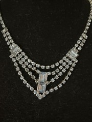 Vintage Silver Plate Blue Rhinestone Baguette Emerald Cut Collar Necklace 15”