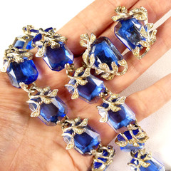 Vintage BSK Blue Glass Crystal Leaf Demi Parure Necklace Bracelet Earrings SET