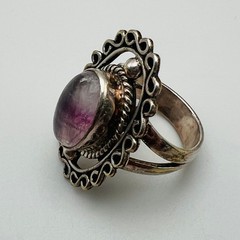Vintage Filigree Ring Boho Silver Tone Purple Quartz Size 7 Statement Chic Mod