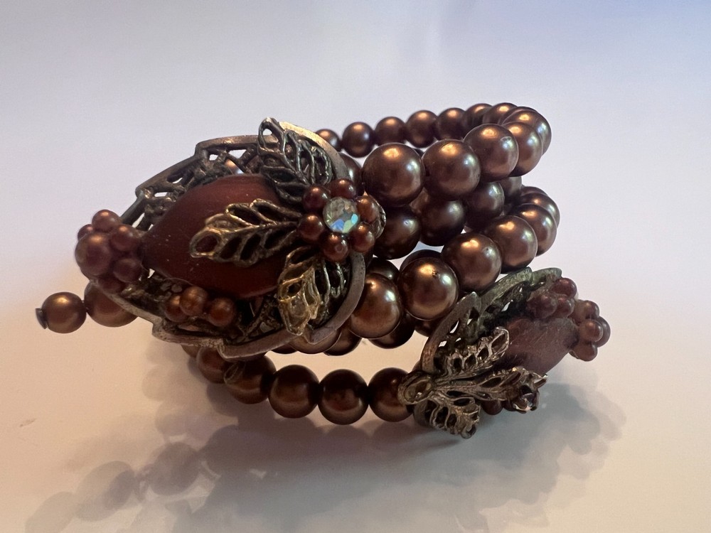 Vintage Brown Pearl & Rhinestone Memory Wire Wrap Bracelet – PETITE WRIST