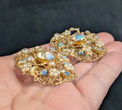 Vintage Gold Tone Filigree Clip On Earrings Faux Seed Pearl Aurora Borealis Oval