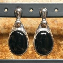 SX Sally C Earrings Sterling Silver and Black Onyx Dangle Drop Vintage