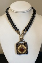 Vtg PATRICE Brass Carnelian Onyx Double Strand Bead Pendant Necklace Earring Set