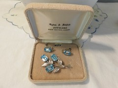 Sterling Silver Blue Crystal Rhinestone Flower Brooch and Earrings Vintage Set