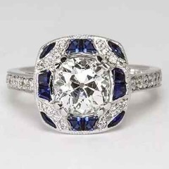 Art Deco Style Lab Created Diamond & Sapphire Engagement 14K White Gold FN Ring