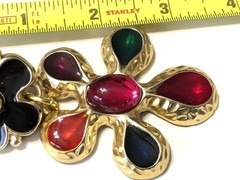 Multicolor Poured Resin Earrings Gold Tone Cabochon Floral Flower Power 1980’s