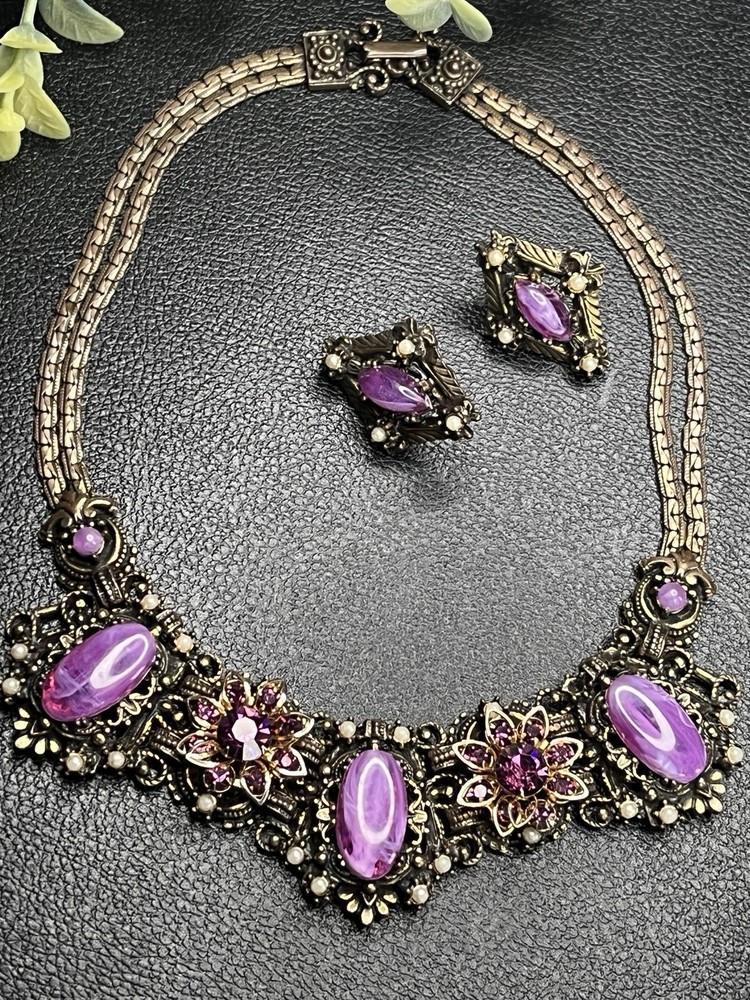 Vintage SELRO SELINI Gold Tone Purple Necklace & Earrings Book Piece Set
