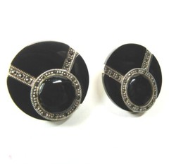 VTG STERLING SILVER Black Onyx Marcasite Stone Clip NonPierced Earrings 16.8 Grm