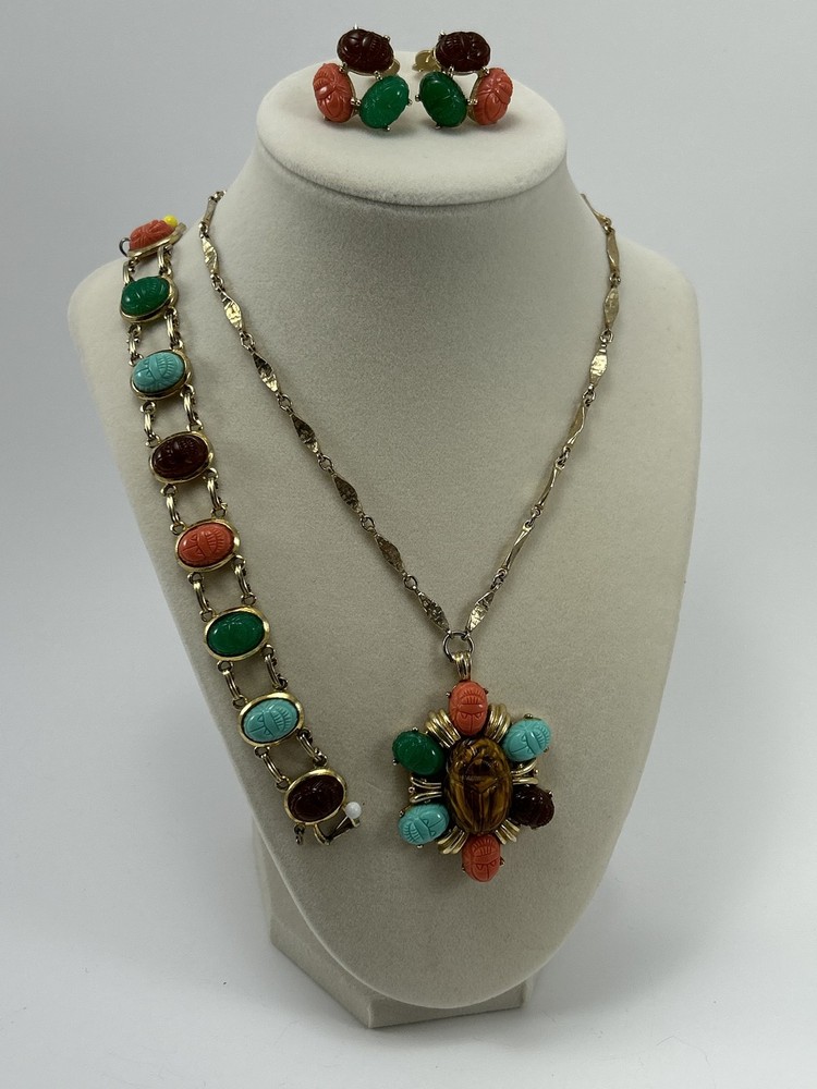 Vintage TARA 5th Ave Egyptian Revival Scarab Parure Necklace Bracelet Earrings