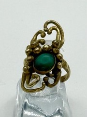 Bronze Green Stone Brutalist Size 7 Bypass Ring Free Form Unisex 1970s Modernist