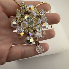 Vintage AB Glass Crystal & Clear Rhinestone Dangle Pendant Brooch &Gold Necklace
