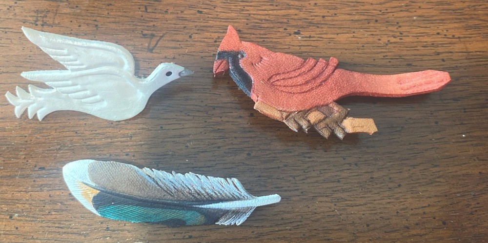 Handmade Bird Brooch Pin Lot of 3 Wood Leather Cardinal Feather Dove Vtg