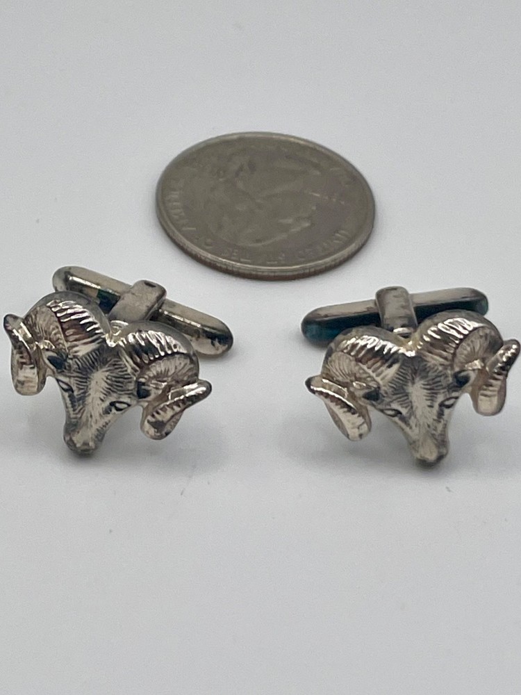 Vintage Silver Tone Ram Head Hickok Cufflinks Dimensional Detail Animal Motif