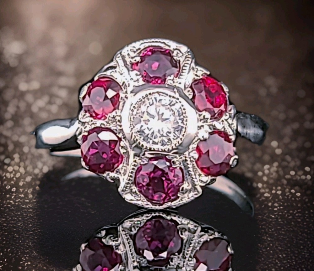 Platinum Vintage Engagement Ring 1.53ct. Natural Ruby Round Shape Diamond