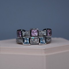 1990’s 18K White Gold-Plated Pink and Blue square stone 2 ring stack