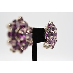 Vintage Purple Crystal Clip On Earrings Round Prong Silver Chunky 1960s BinAG