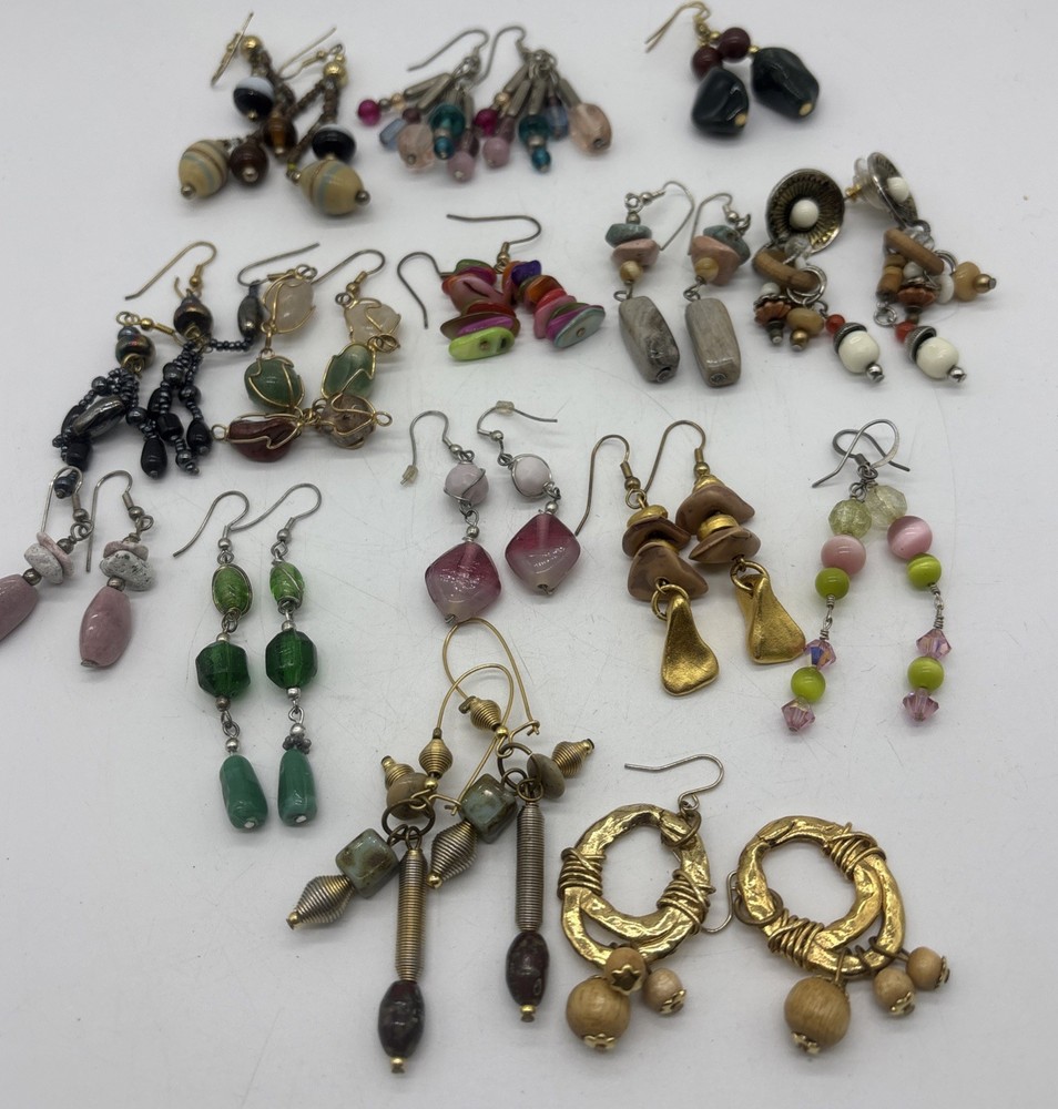 Vintage Lot Of 15 Pairs Pierced Earrings Dangle Stones Glass 1980’s 1990’s