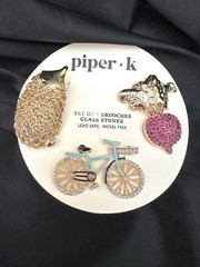 Piper K Set of 3 Brooches/ Bike / Beet/ Radish /Porcupine/Crystal/ Pave