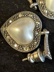 Vintage Sterling Silver Marcasite Puffy Heart Dangle Earrings