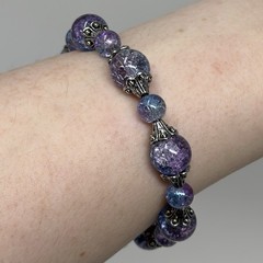 Purple Blue Crackle Glass Bead Bracelet Silver Filigree Caps Handmade 9”