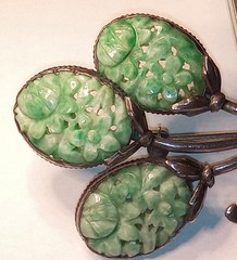 Vintage Chinese Carved Jadeite 3 Flowers Sterling Silver Leaves Brooch Jade Pin