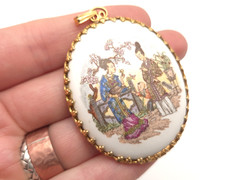 Vintage Porcelain Asian Japanese Couple Scene Gold Tone Large Oval Pendant