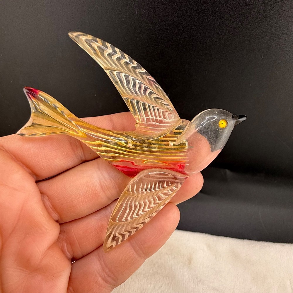 Vintage Lucite Bird Brooch Red Yellow Nice