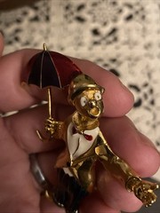 Vintage Green Blue Red White Enamel Gold Tone CLOWN With UMBRELLA Brooch Pin