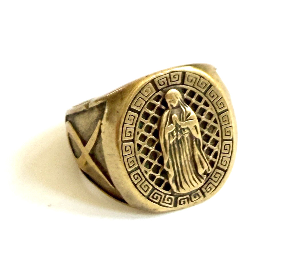 Vintage Religious Brass Ring Biker Signet Style Mens Size 11.75