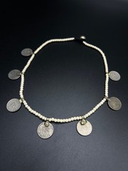 Vintage White Howlite Beaded Coin Necklace, Tribal Boho Necklace, Ethnic Coin