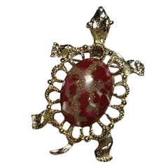 Gerry’s Turtle Brooch Gold Tone Red Lucite Cabochon Tortoise Vintage Pin